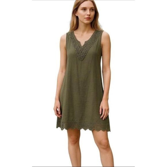 Carla Conti Y2K Linen Shift Dress Olive Green Size M Coastal Summer Beach Boho - Picture 1 of 13
